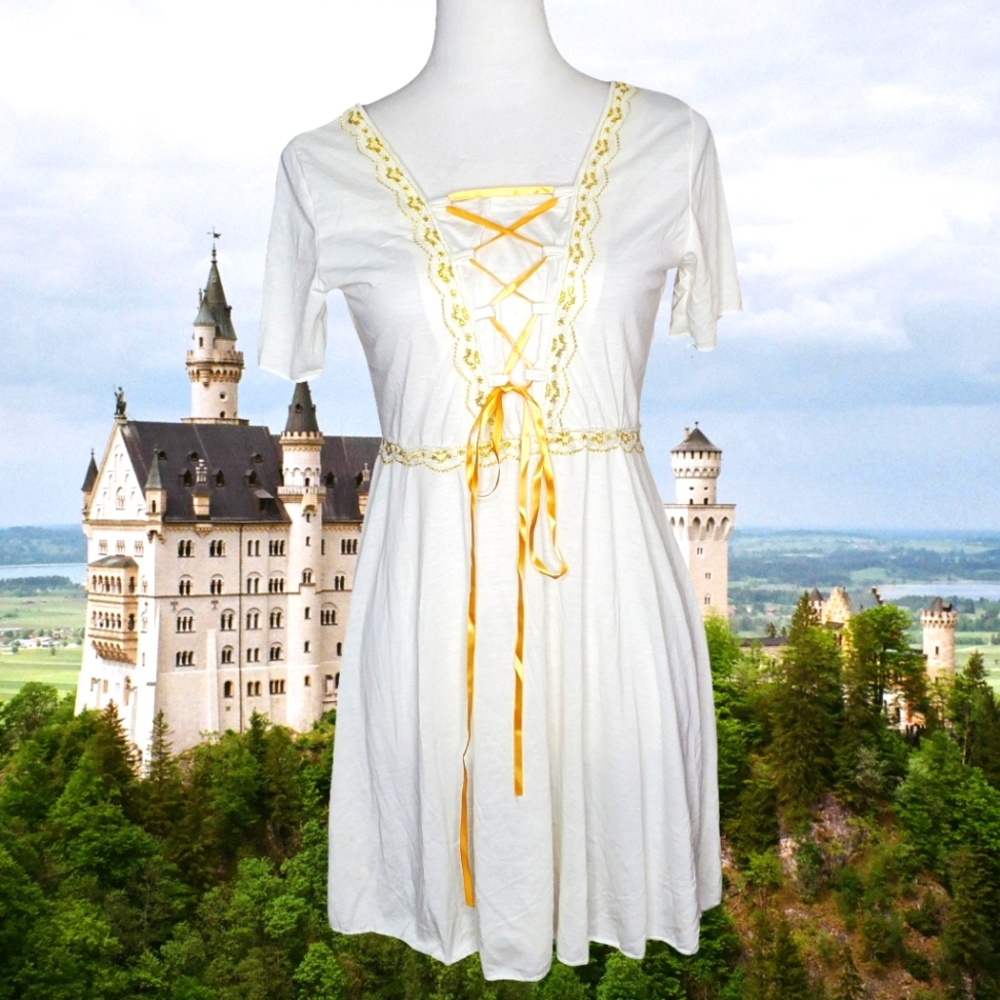 🦋Gamiss Corset Tie Gold Lace Trim Dress